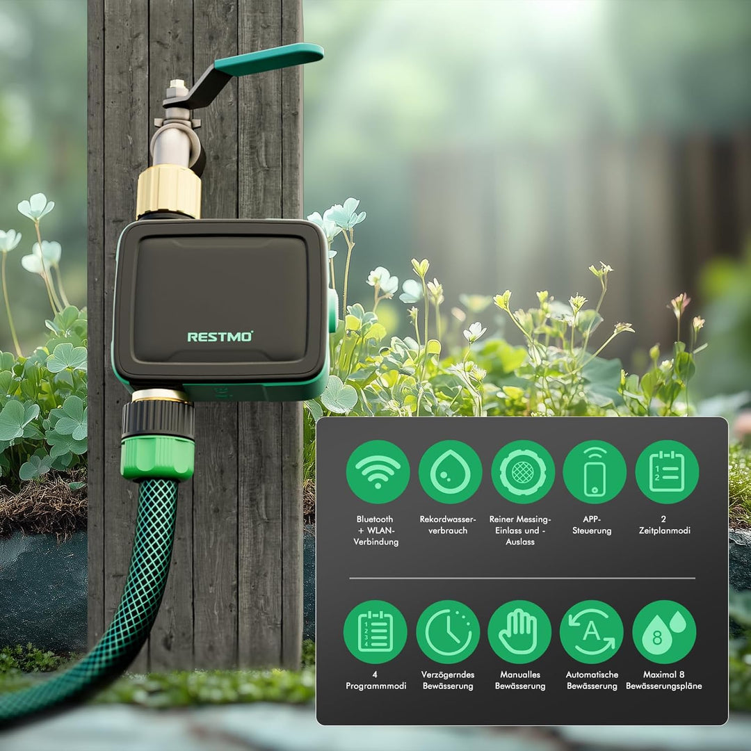 RESTMO 1 Zonen Bewässerungscomputer mit integriertem Bluetooth+Wi-Fi Chip und App-Steuerung, automat
