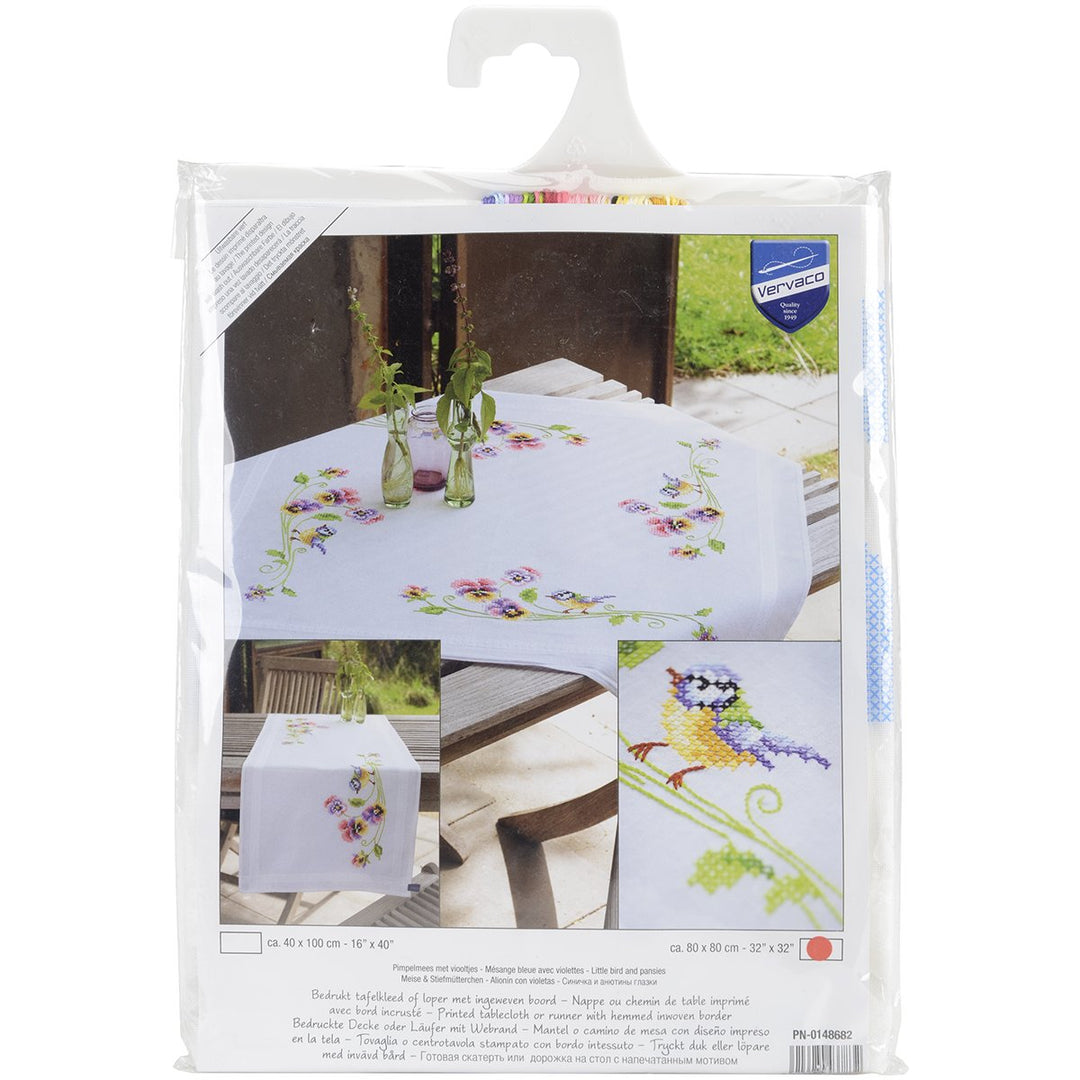 Vervaco Tischdecke Meise & Stiefmütterchen Bedruckte Decke/Läufer mit Webrand, Baumwolle, Mehrfarbig