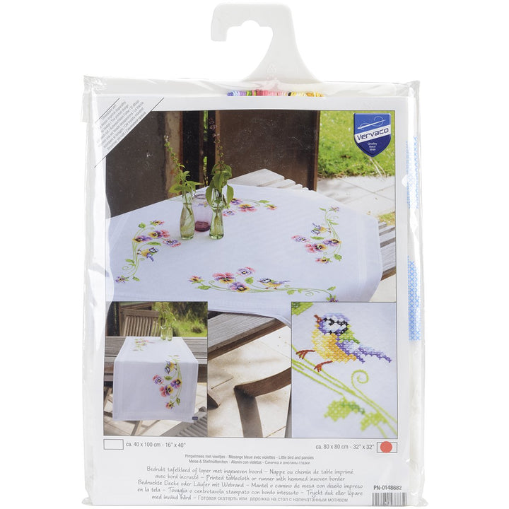 Vervaco Tischdecke Meise & Stiefmütterchen Bedruckte Decke/Läufer mit Webrand, Baumwolle, Mehrfarbig