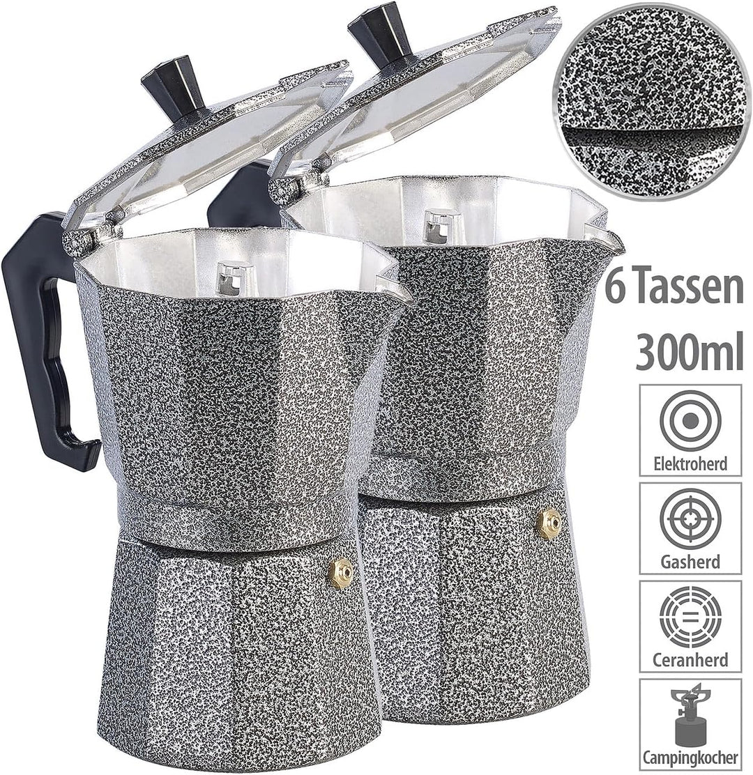 Espressokocher Gas: 2er Set Espresso-Kocher in Hammerschlag-Optik, für 6 Tassen, 300 ml (Mokkakannen