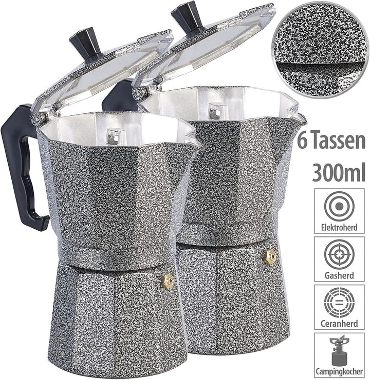 Espressokocher Gas: 2er Set Espresso-Kocher in Hammerschlag-Optik, für 6 Tassen, 300 ml (Mokkakannen
