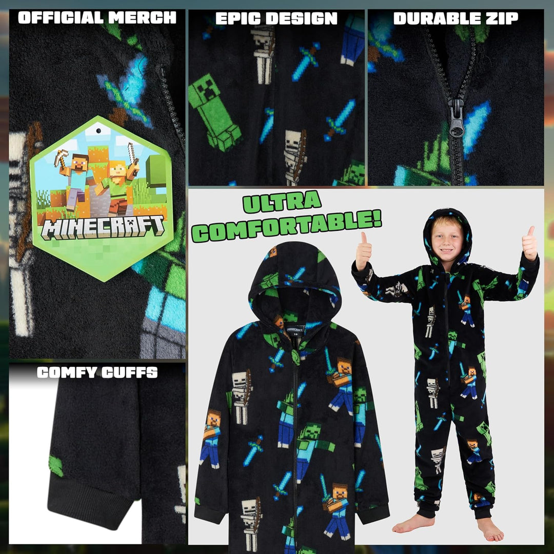 Minecraft Fleece Jumpsuit Kinder Jungen Schlafoverall mit Kapuze, Gamer Geschenke für Kinder Teenage
