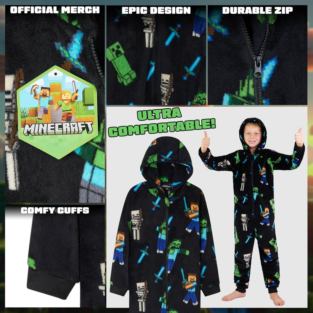Minecraft Onesie Creeper Fleece Jumpsuit Sleepsuit Gamer Geschenk Schlafoverall mit Kapuze für Junge