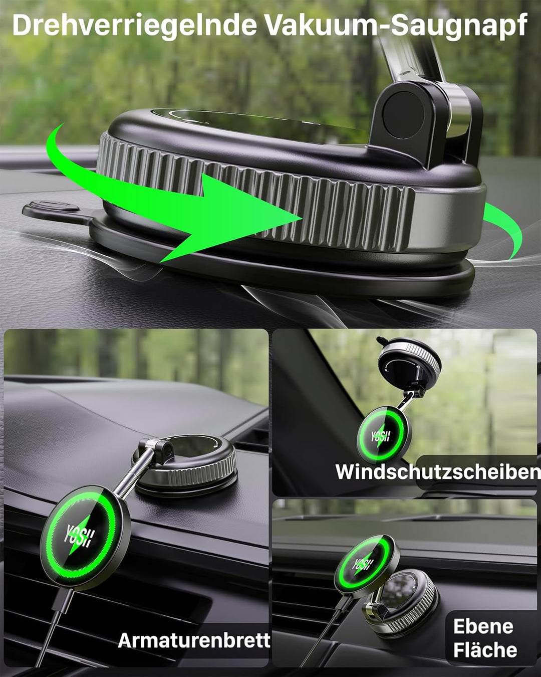 YOSH für MagSafe Autohalterung mit Ladefunktion, [300N Vakuum-Saugnapf & 22×N55 Magnete], 15W Schnel