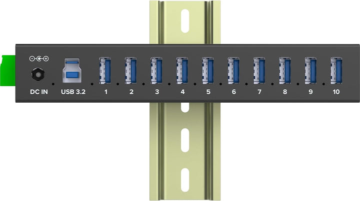 Inline USB 3.2 Gen.1 Industrie-Hub mit 10 Ports, Aluminiumgehäuse, DIN-Schienen-Montage, aktiver USB