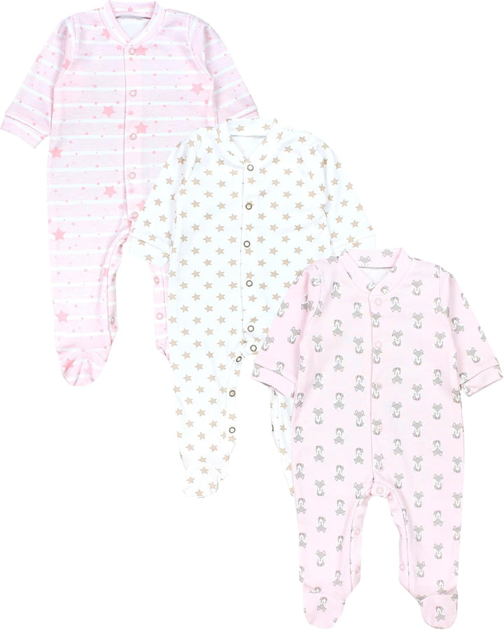 TupTam Baby Mädchen Schlafstrampler mit Fuss 3er Pack 62 Fuchs Rosa Streifen Sterne Beige, 62 Fuchs