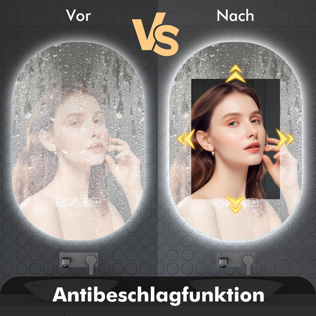 Viugreum 50x75cm Oval Bluetooth Badspiegel mit Beleuchtung, Badezimmerspiegel Kosmetikspiegel mit 3