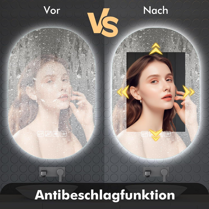 Viugreum 50x75cm Oval Bluetooth Badspiegel mit Beleuchtung, Badezimmerspiegel Kosmetikspiegel mit 3