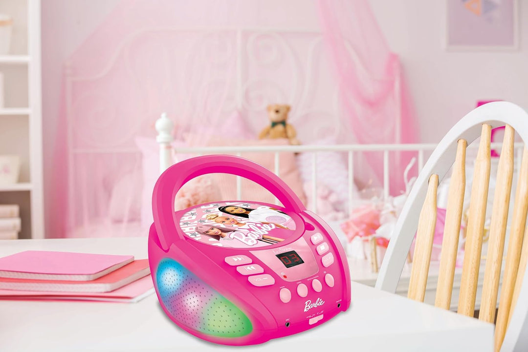 Lexibook RCD109BB Mattel Barbie Bluetooth-CD-Player für Kinder-Tragbar, mehrfarbige Lichteffekte, Mi
