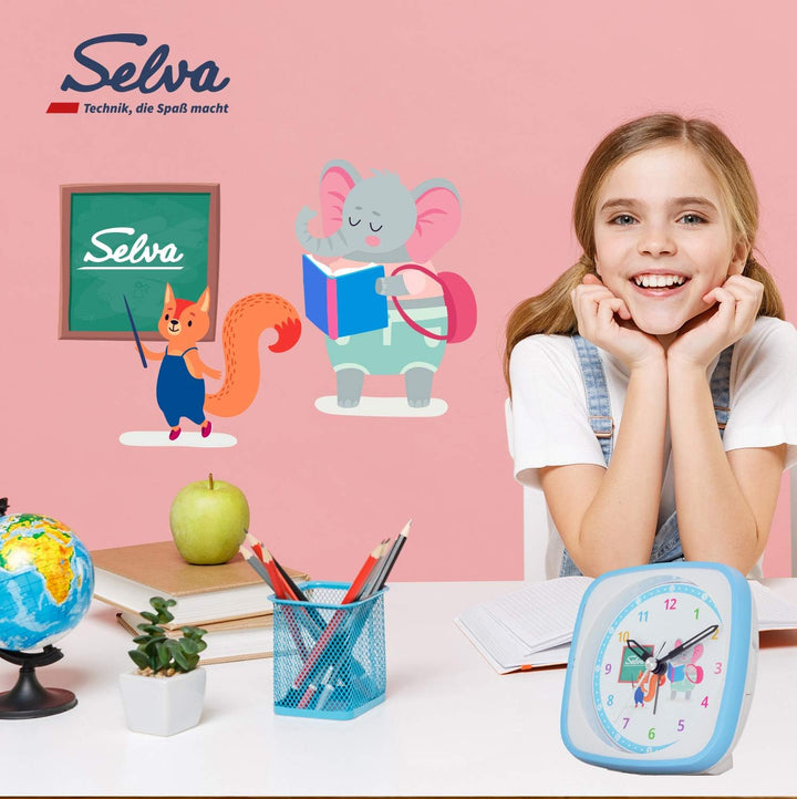SELVA Quarzwecker für die Einschulung mit Eichhörnchen und Elefant Motiv blau/weiss. Schleichende Se