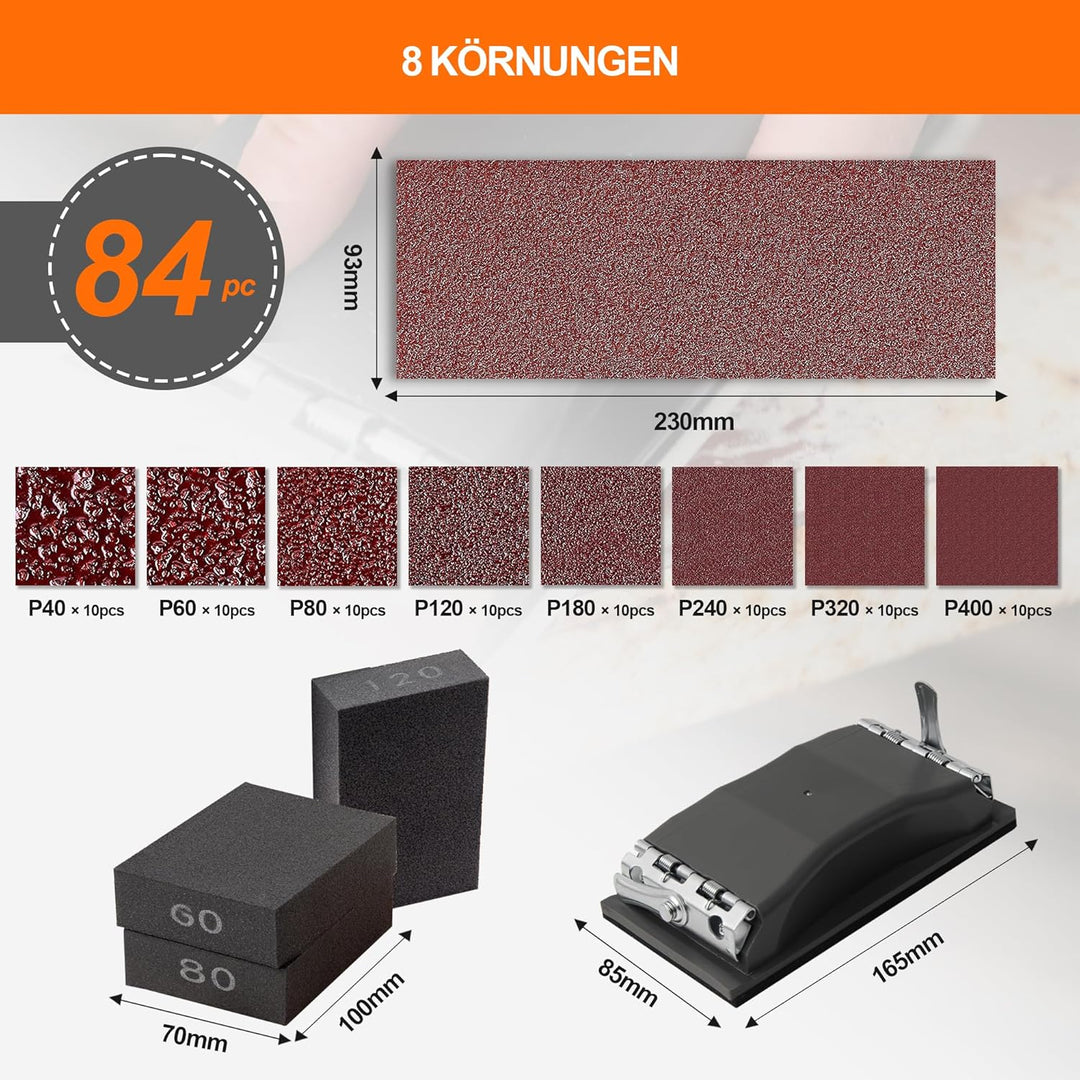 KENDO Schleifpapier Set 84-teilig, 93x230mm inkl. 1 x Handschleifklotz &amp; 3 x Schleifschwämme. Körnun