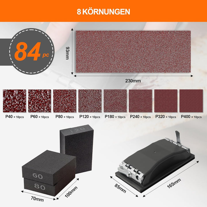 KENDO Schleifpapier Set 84-teilig, 93x230mm inkl. 1 x Handschleifklotz &amp; 3 x Schleifschwämme. Körnun
