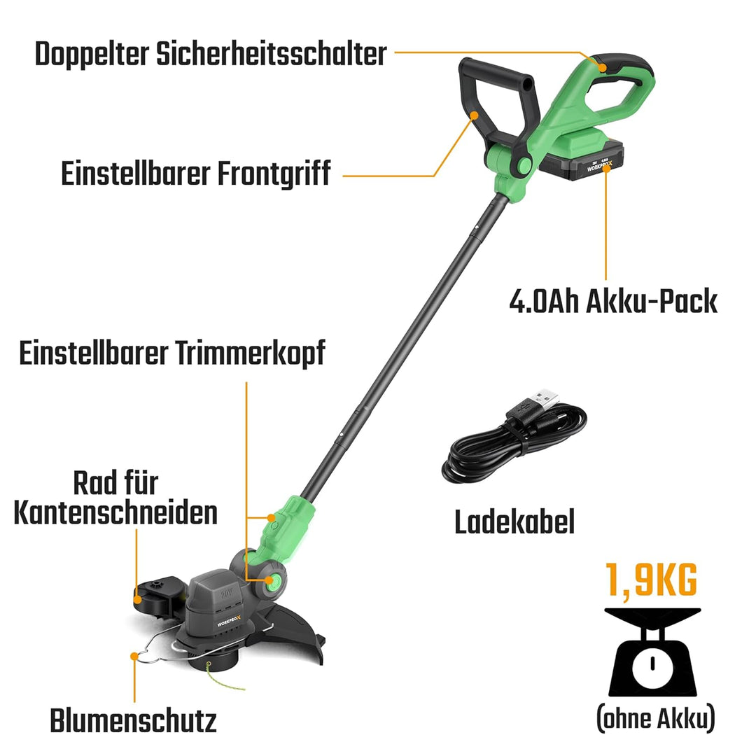 WORKPROX Akku Rasentrimmer 20V mit 4,0Ah Akku & Typ-C Ladekabel, 2-in-1 Kabelloser Rasenkantenschnei
