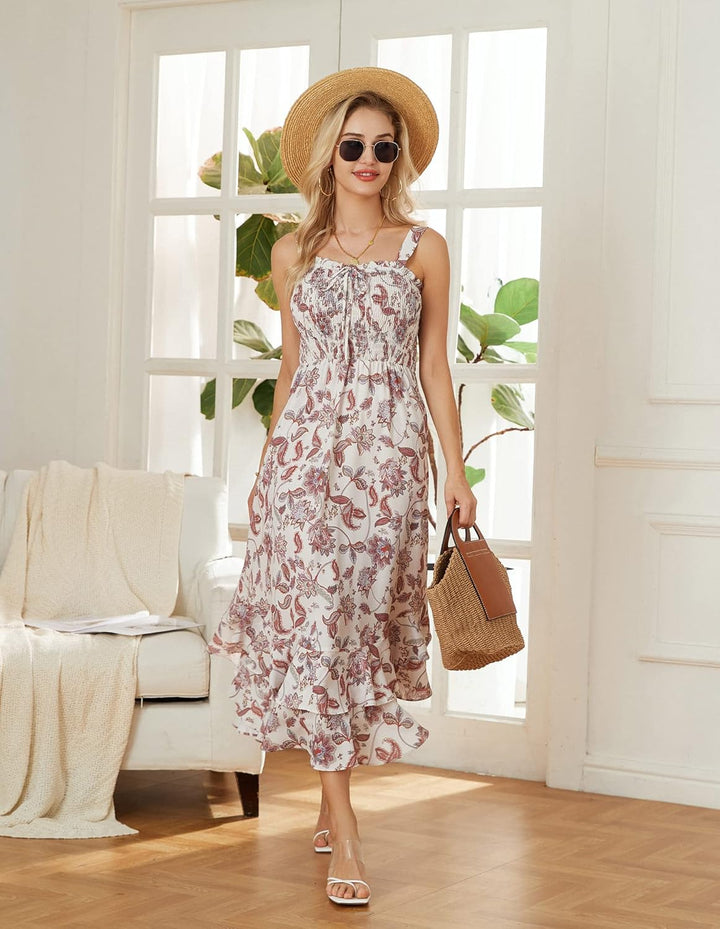 GRACE KARIN Damen langes Blumenkleid Ärmellos Spaghettiträger Freizeitkleid Böhmisch Maxikleid Stran