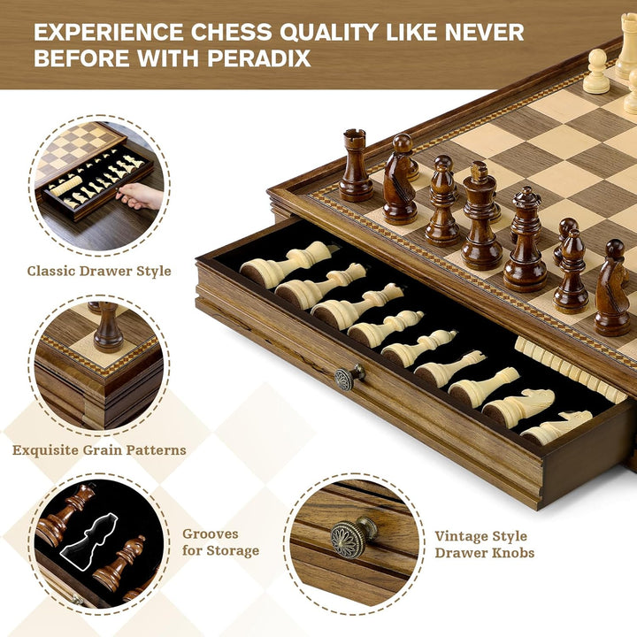 Peradix 38CM/15IN Magnetisch Schachspiel mit Dame aus Holz, 2 in 1 Schachbrett mit Lagerschublade un