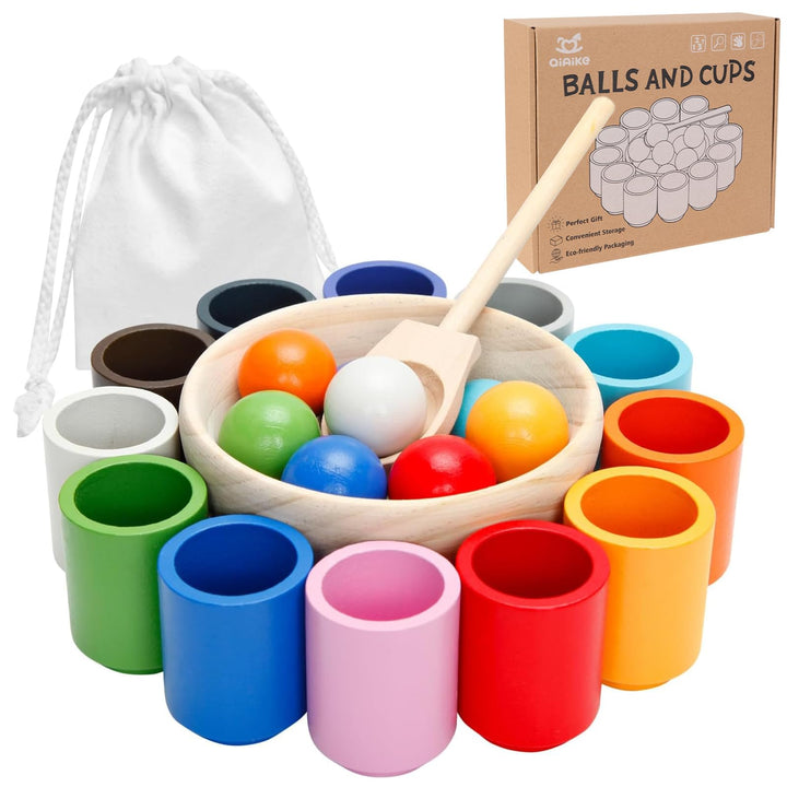 Montessori Spielzeug ab 3 Jahr, Holz Sortier Stapelspielzeug, 12 Kugeln 30 mm Regenbogen Holzkugeln