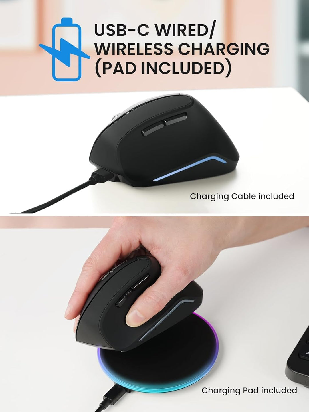 Perixx PERIMICE-715RX Kabellose Wiederaufladbare Vertikale Maus – Duale Ladefunktion (Kabel & Wirele