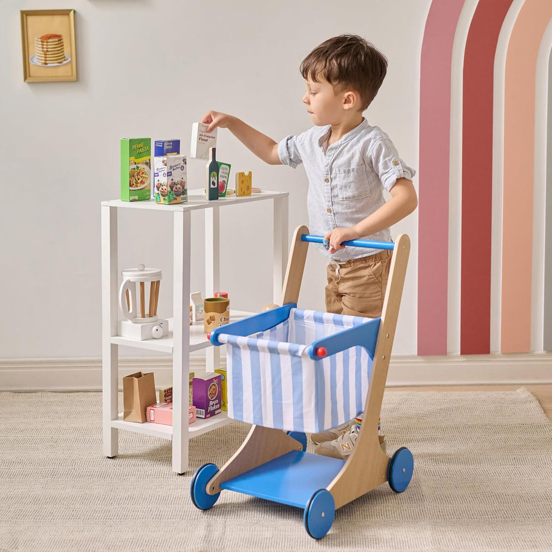 Teamson Kids Holz Einkaufswagen Spielzeug für Kinder mit Zubehör in Blau, Rollenspiel-Laden aus Holz