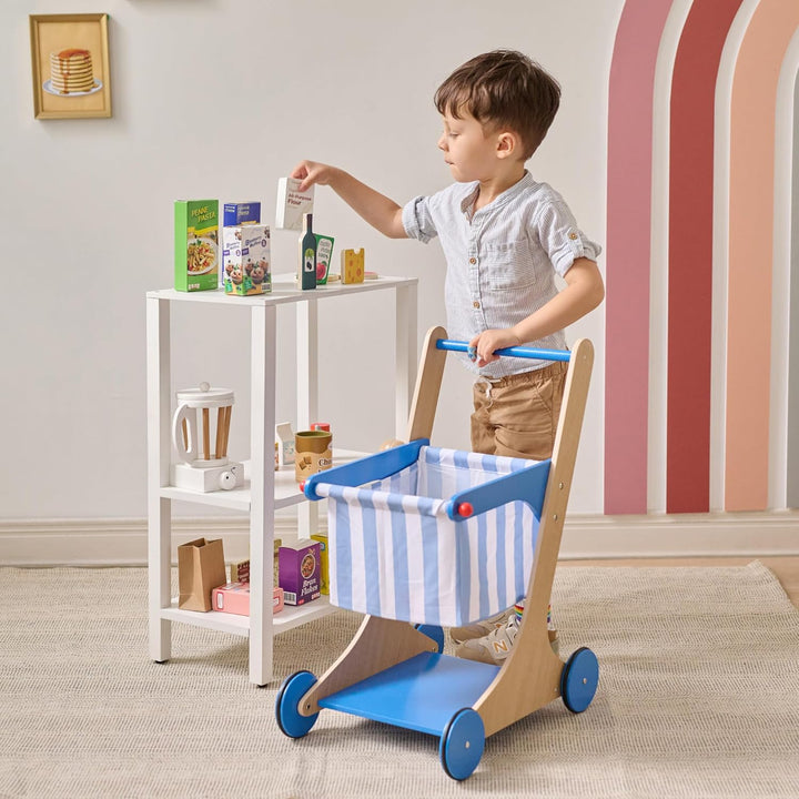 Teamson Kids Holz Einkaufswagen Spielzeug für Kinder mit Zubehör in Blau, Rollenspiel-Laden aus Holz
