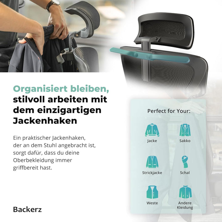 Backerz Bürostuhl Ergonomisch - Bürostühle 150kg, TUV & NEN 1335 zertifiziert - Office Schreibtischs