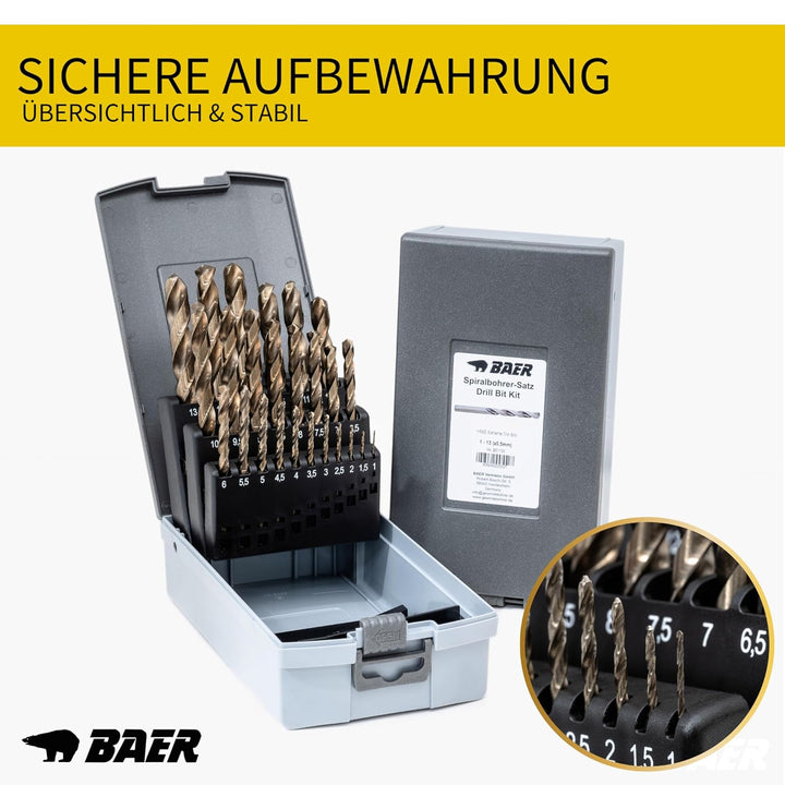 BaerCoil BAER Bohrer Set 25 tlg. - 1–13 mm HSSE in 0,5 mm Schritten - Edelstahlbohrer - 5% Cobalt Sc