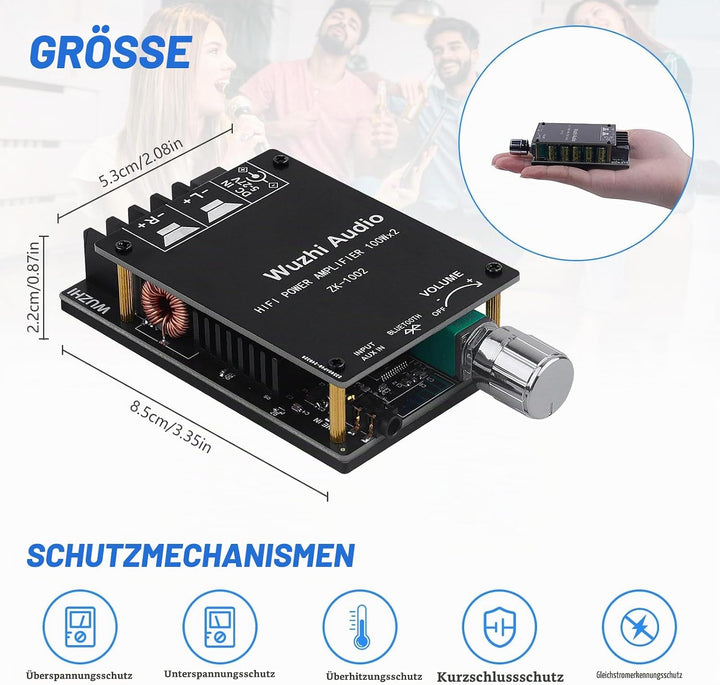 HiFi-Verstärker mit Bluetooth 5.0-Audioverstärkungskarte, ZK-1002 2.0-Kanal 100W x 2 Mini-Stereo-Lei