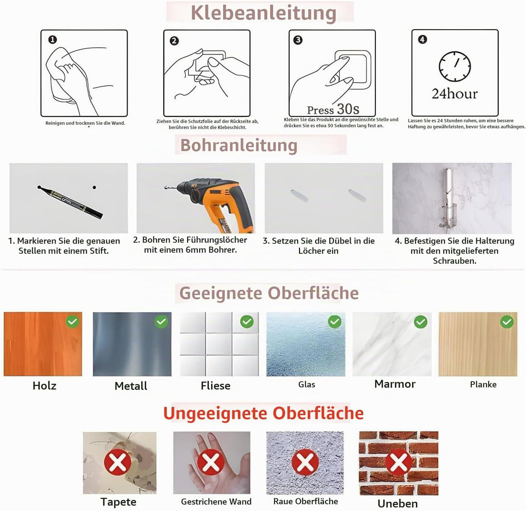 Föhn Halterung, 3in1 Fönhalter Ohne Bohren für Bad, Föhn und Glätteisen Halterung Wandmontage Haartr