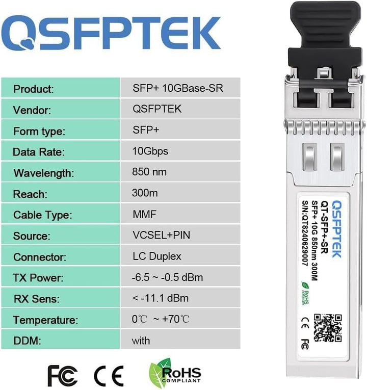 QSFPTEK (10Pack 10GBASE-SR SFP+ Modul 10G 850nm 300M DDM LC Port Multimode SFP+ Transceiver Kompatib