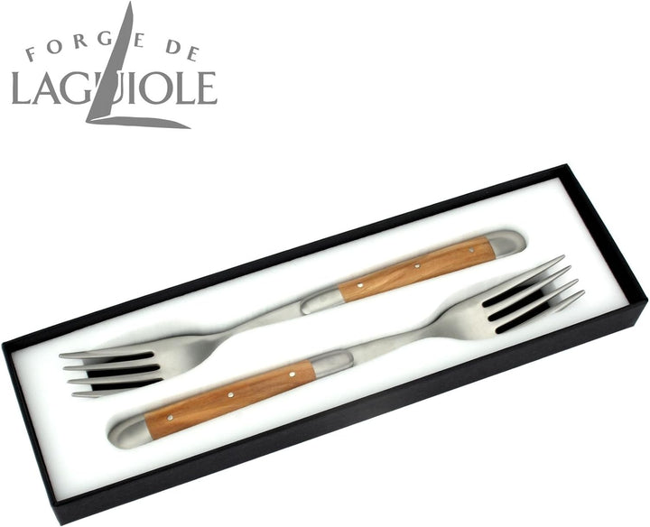 Forge de Laguiole - 2er Set Gabeln - Griff Oliven-Holz - Steakgabeln Frankreich - Stahl matt
