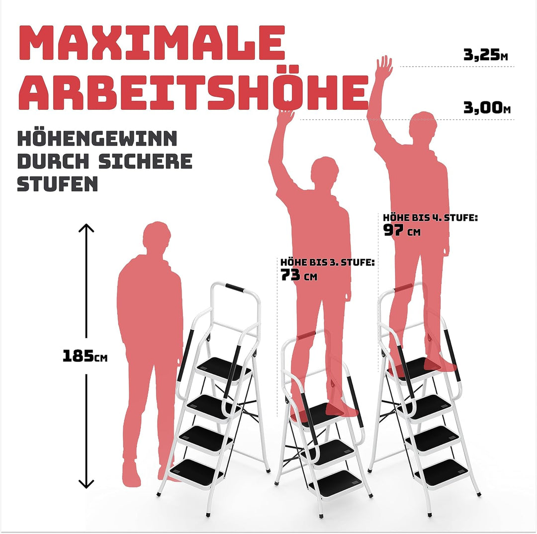 Sicherheitsleiter 4 Stufen Klappbar I TÜV Rheinland Zertifiziert I Belastbar bis 150kg I Anti-Rutsch