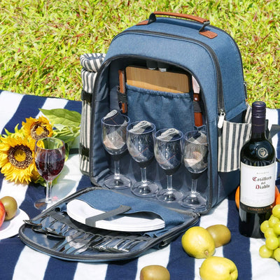 Sunflora Picknick Rucksack Set 4 Personen mit Isoliertem Kühlung und Decke, Picknickkorb 4 Personen