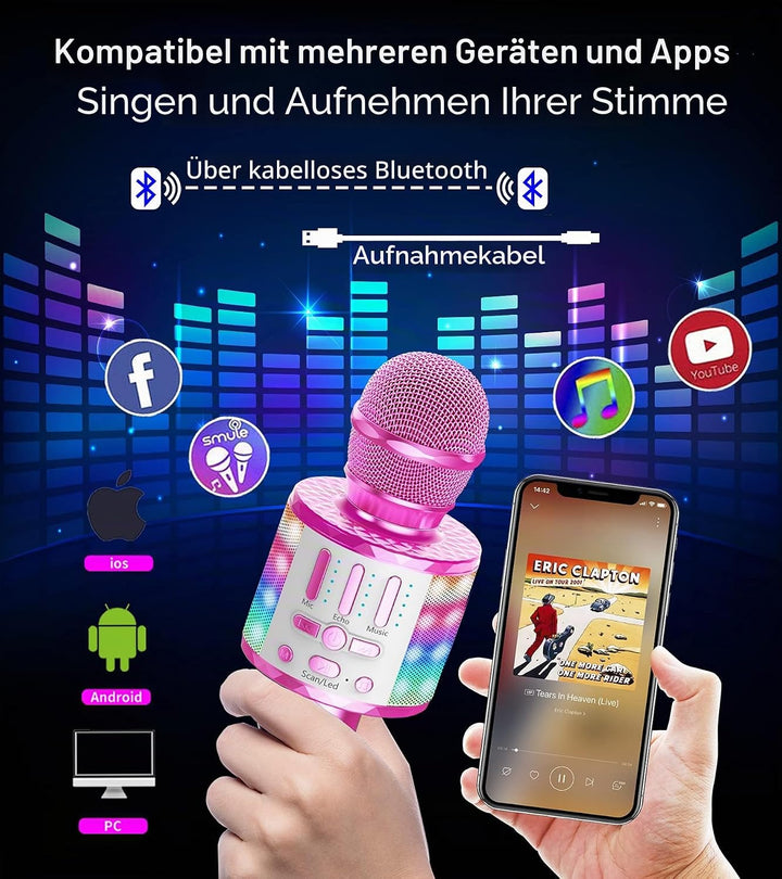 Karaoke Mikrofon, Drahtloses Bluetooth Mikrofon Kinder mit LED, Tragbares Karaoke Maschine zum Singe