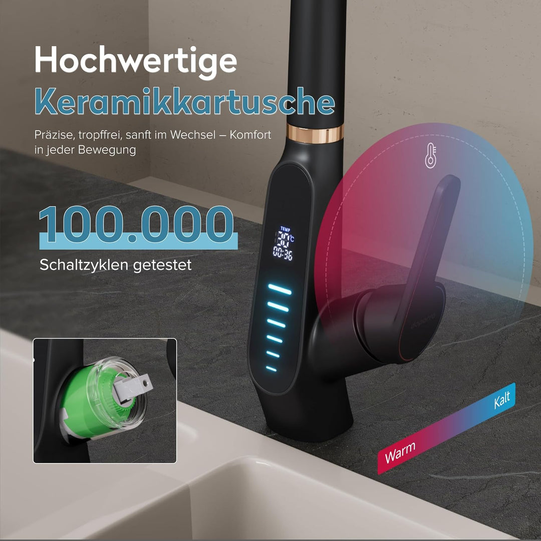 doporro Wasserhahn Küche Schwarz, Küchenarmatur mit LED Temperaturanzeige | Hochdruck ausziehbare Mi