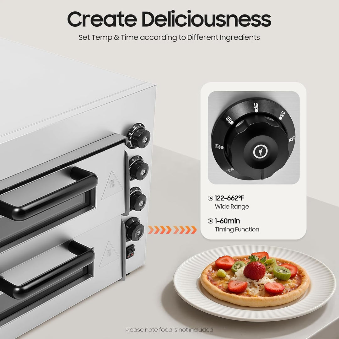 Professioneller Pizzaofen 3000W, Doppellagig Pizzaofen Elektrisch Pizza Backofen mit 1-60 Min Timer,