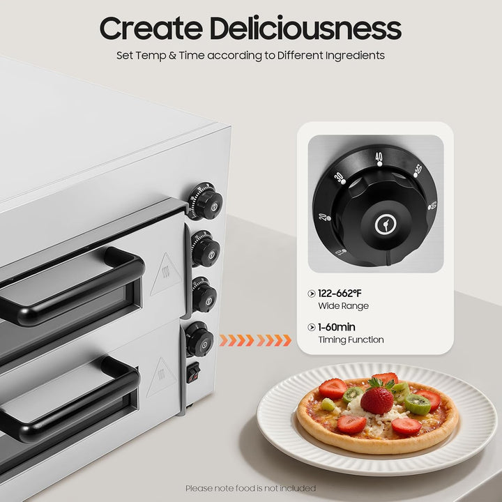 Doppel Pizzaöfen elektrisch, 3000W 2 Kammern Pizzaofen aus Edelstahl, Kommerzieller Pizzabackofen mi