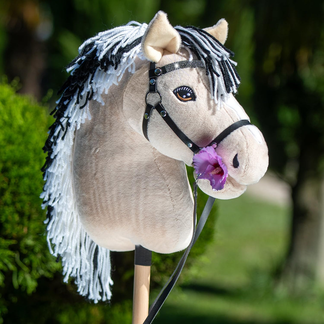 Hobby Horse Fjord A3 - Pferd, Stick, beige, schwarze und weisse Haare, komplettes Netz mit glitzernd