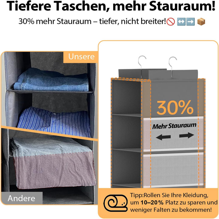 Extra tiefer Hängeorganizer, Kleiderschrank Organizer Aufbewahrung 6 Fächer, Mesh-Taschen, stabil, p