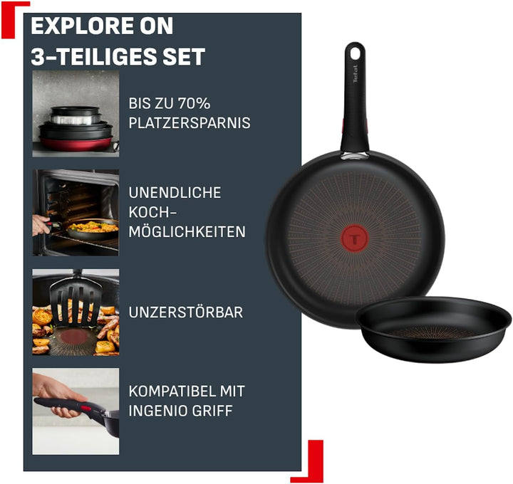 Tefal Ingenio Explore On 3-tlg. Pfannen-Set, Schwarz, L2679102 | keramische Fusion Core Antihaftvers