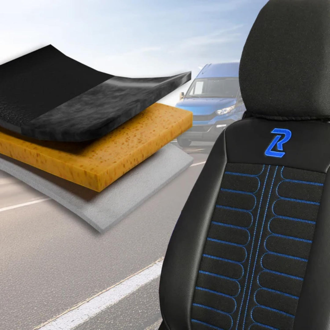 LUCARO Sitzbezüge Auto Set Tornado für Iveco Daily ab 2014 1+2 Schwarz und Blau - Autositzbezüge Str