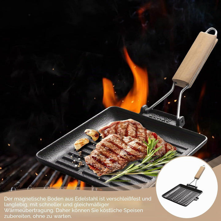 Grillpfanne Induktion: Steakpfanne Gusseisen mit Abnehmbarer Griff, 20 x 20 cm Antihaft Beschichtet
