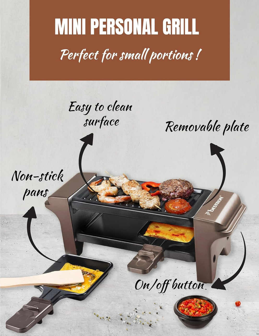 Bestron Raclette für 1 bis 2 Personen, Mini Tischgrill mit zwei Pfännchen, zwei Holzschabern & zwei