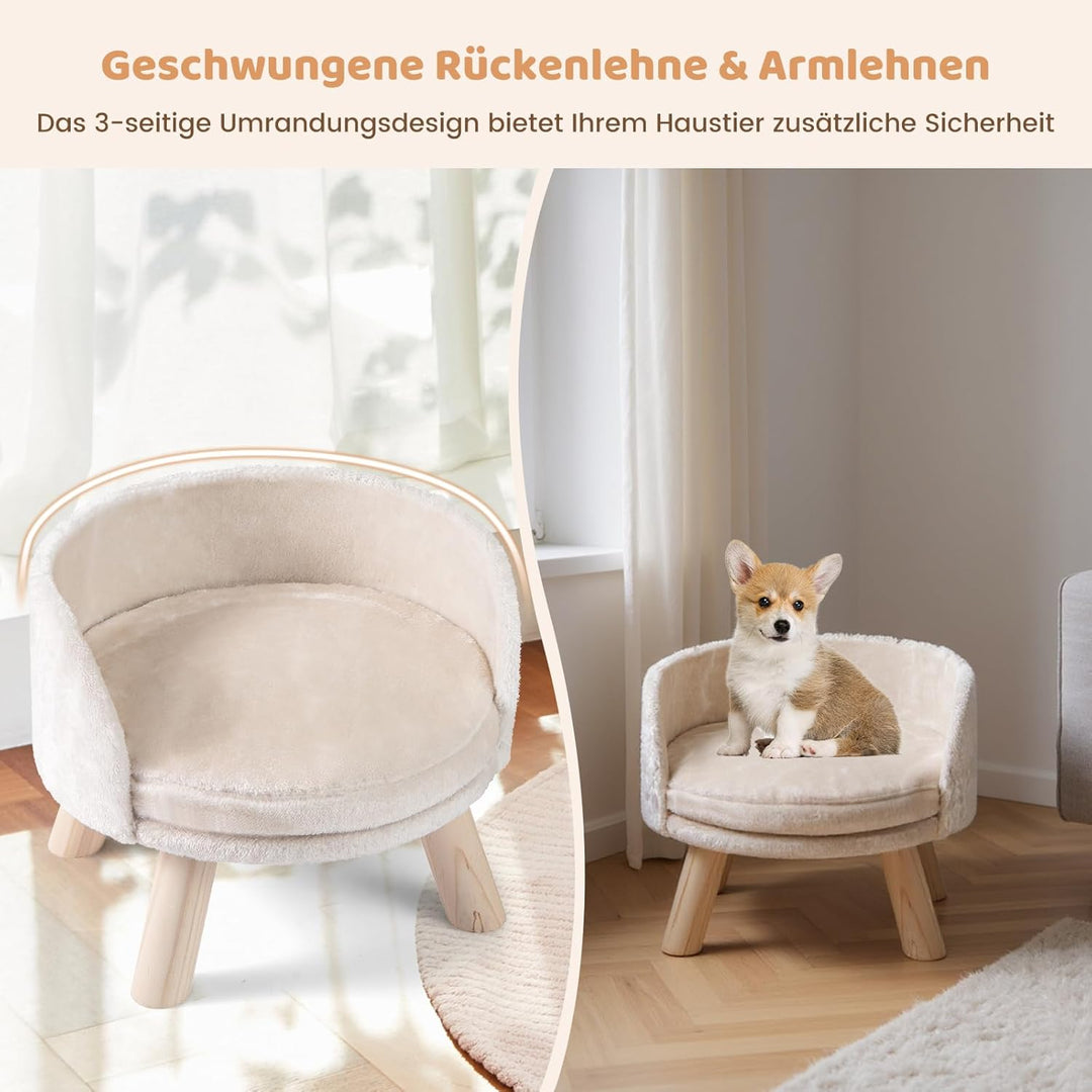 COSTWAY Katzensofa, Katzenbett erhöht, Katzencouch mit rundem Kissen, Rückenlehne & Holzbeinen, Katz