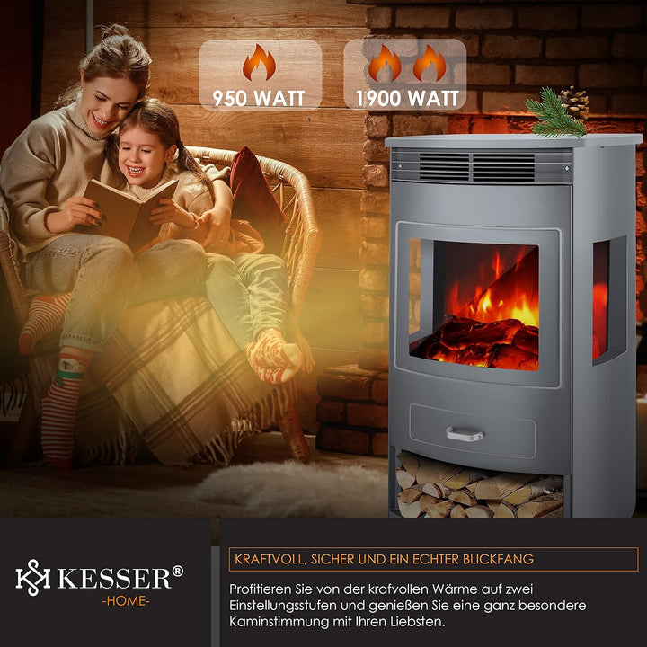 KESSER® Prio Elektrokamin mit Heizung Heizlüfter Fernbedienung WiFi App 950/1900 W Kamin elektrisch