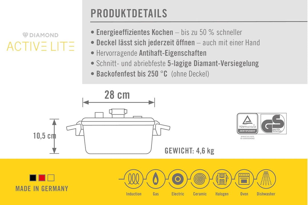 Woll Active Lite Kasserolle mit Active-Lite-Deckel, Ø 28 cm, 10,5 cm hoch, 5.5 Liter, mit 2 Seitengr