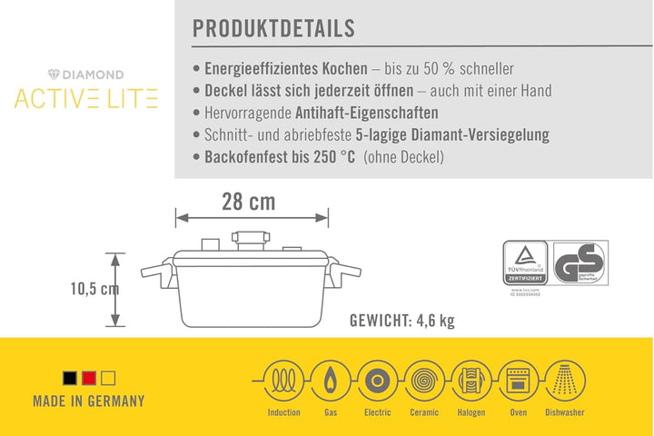 Woll Active Lite Kasserolle mit Active-Lite-Deckel, Ø 28 cm, 10,5 cm hoch, 5.5 Liter, mit 2 Seitengr