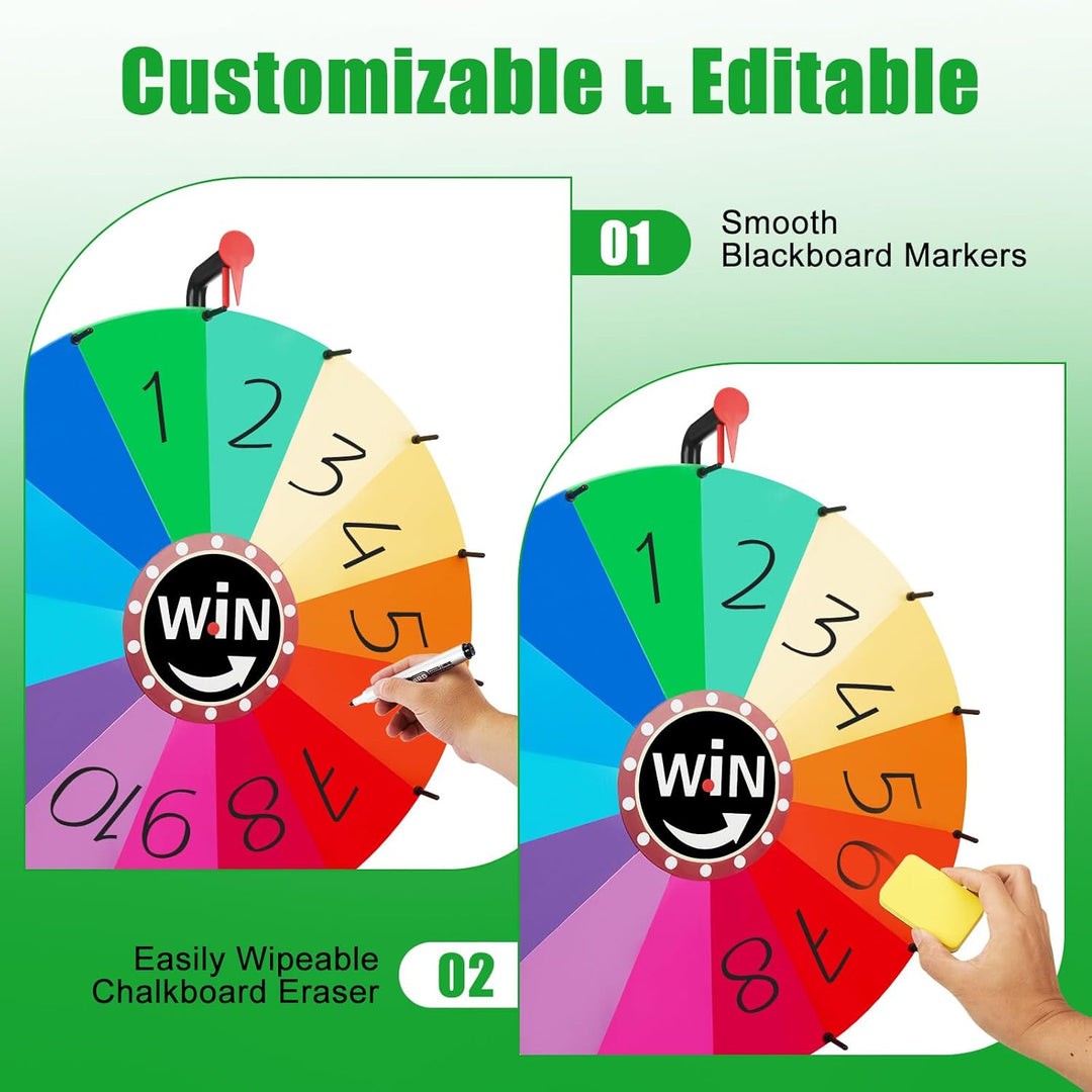 Glücksrad zum Drehen gross 24", Glücksrad mit 14 Steckplätze, Tablett, Radiergummi, Marker, Höhenver