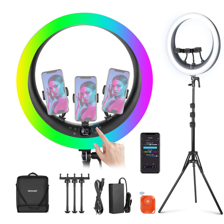 NEEWER 19" RGB Ringlicht LED Ring Light mit Ständer 3 Telefonhalterungen Touchpanel 2,4G/App Steueru