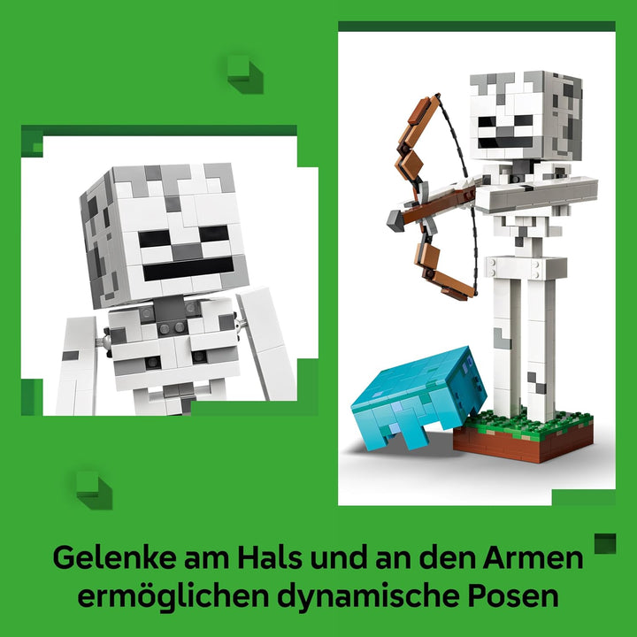 LEGO Minecraft Das Skelett - Mob Figur mit Diamanthelm, Bogen und Pfeil sowie Grasbasis als Zimmerde