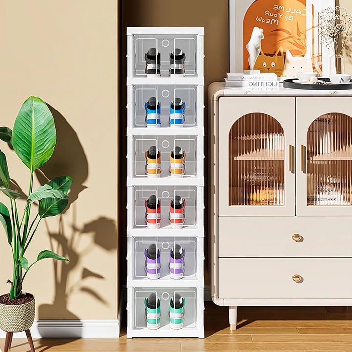 OHMG 6 Stück Schuhboxen, Aufbewahrungsboxen aus Kunststoff, transparent, stapelbar, faltbar, Regal f