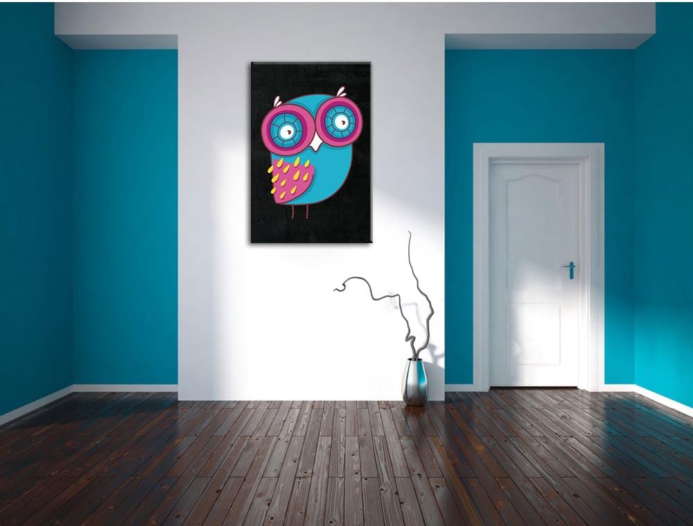 Pixxprint Lustige Blaue Eule stehend schwarz, Format: 70x100 auf hochkantiges Leinwandbild, XXL ries
